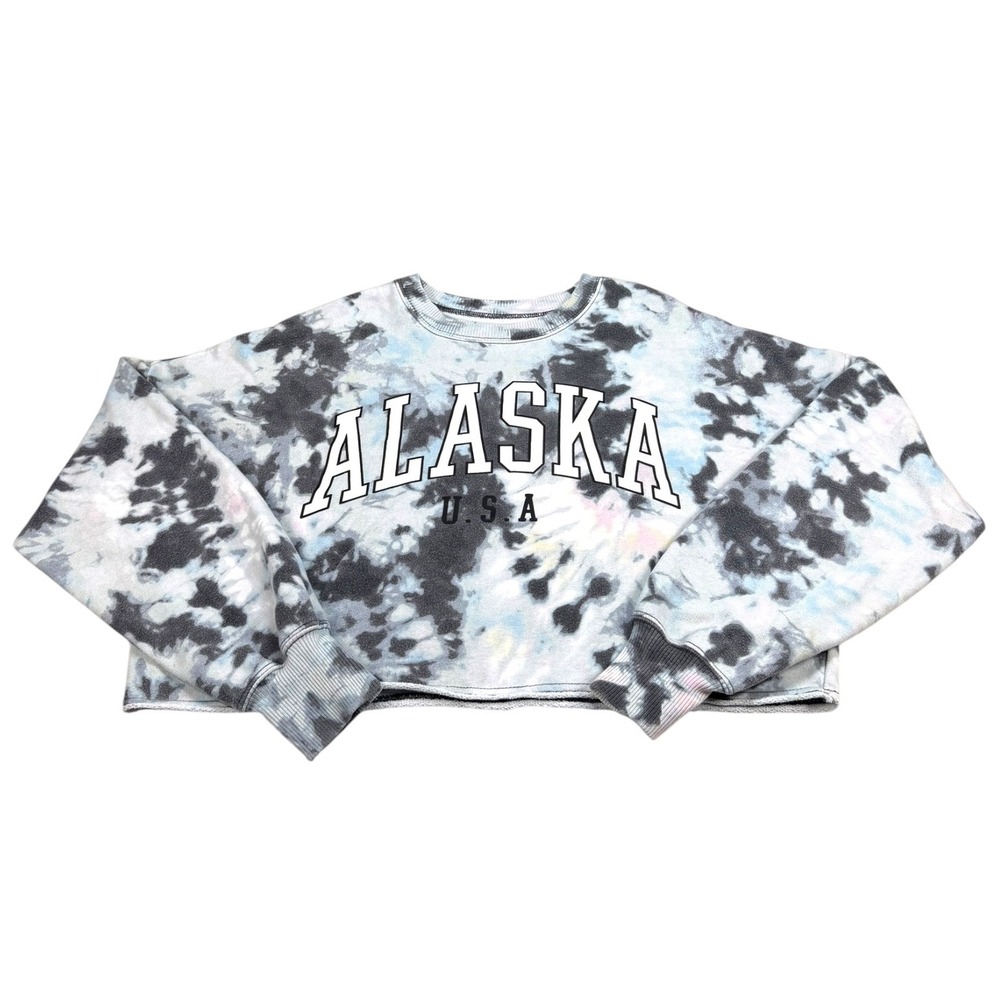 Hollister Sweatshirt Women's XS Gray Tie Dye Alaska USA Graphic Cropped Crewneck